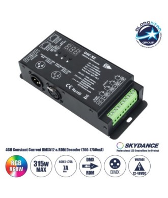GLOBOSTAR® SKYDANCE-D4C-XE 73147 DC CC DMX Master Dimmer - Controller - Decoder Υψηλής Ταχύτητας με 4 x 700-1750mA 2.1-78.75W Κανάλια DC 12-48V σε DC 3-45V 7000mA 315W Max IP20 - DMX512 & RDM - Μ16.5 x Π7 x Υ3.7cm - 5 Χρόνια Εγγύηση